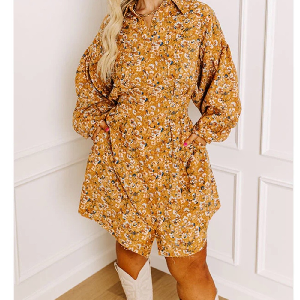 Impressions Mustard and Blue Floral corduroy dress